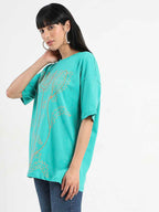 Madame Graphic Print Half Sleeve Peacock Green Cotton T-Shirt