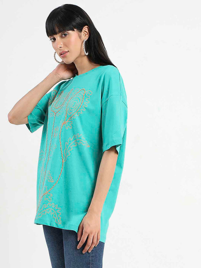 Madame Graphic Print Half Sleeve Peacock Green Cotton T-Shirt