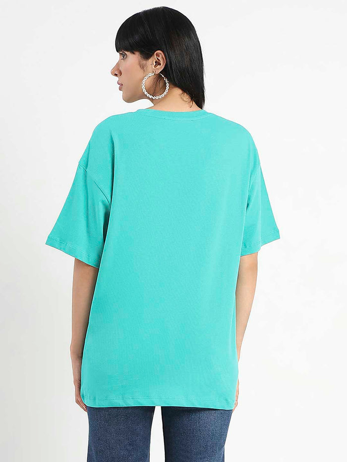 Madame Graphic Print Half Sleeve Peacock Green Cotton T-Shirt
