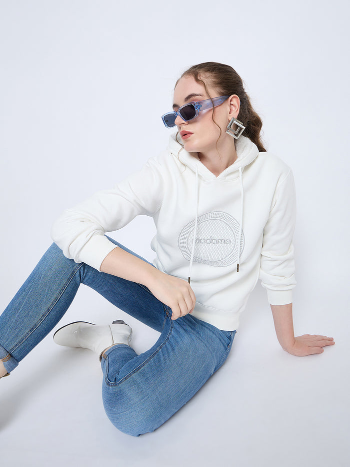 Madame Graphic Print Loose Fit White Hooded Sweatshirt