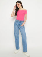 Madame Hot Pink Rayon Blend Off-Sleeve Top