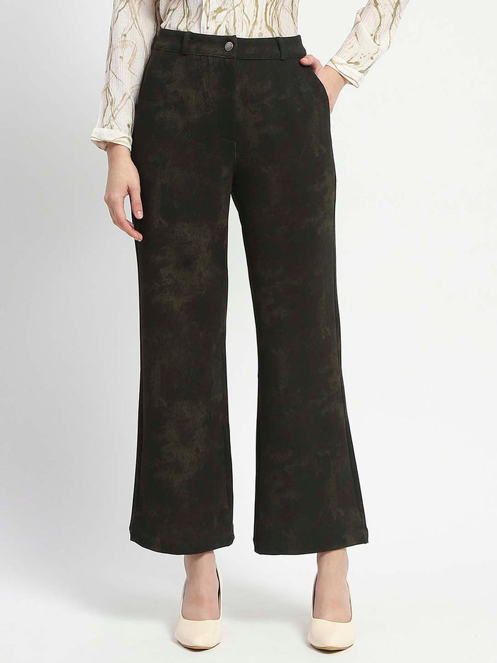 Madame Jacquard Straight Fit Flared Green Trousers