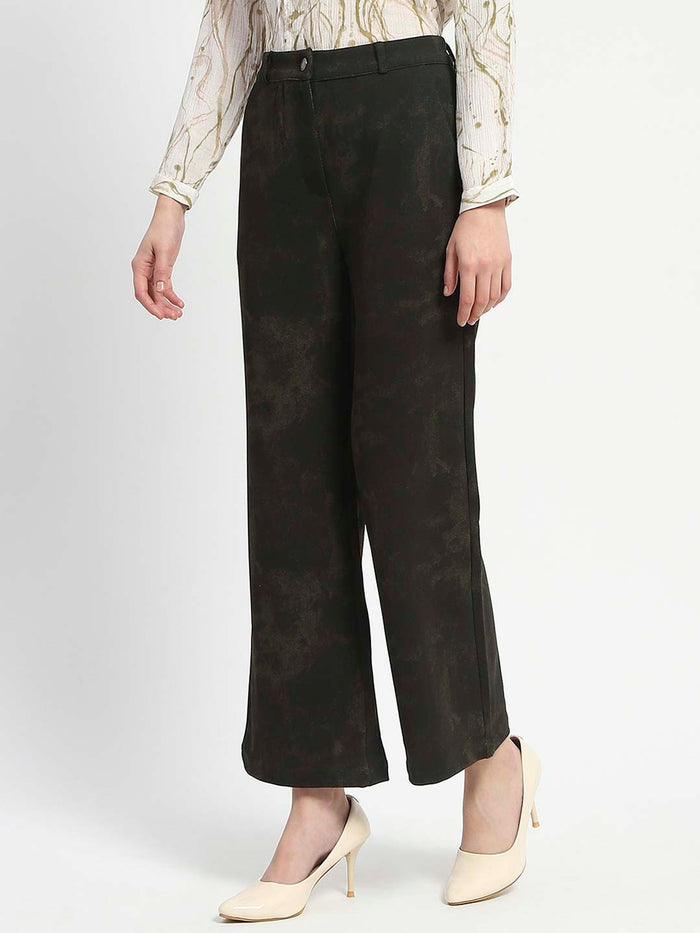 Madame Jacquard Straight Fit Flared Green Trousers