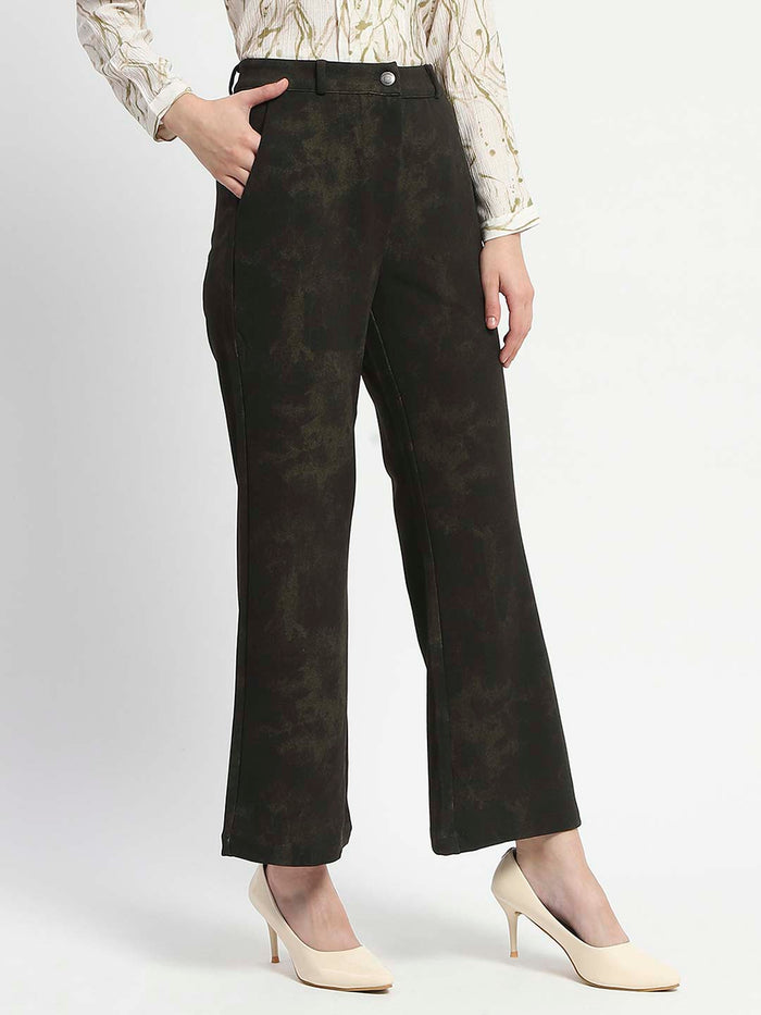 Madame Jacquard Straight Fit Flared Green Trousers