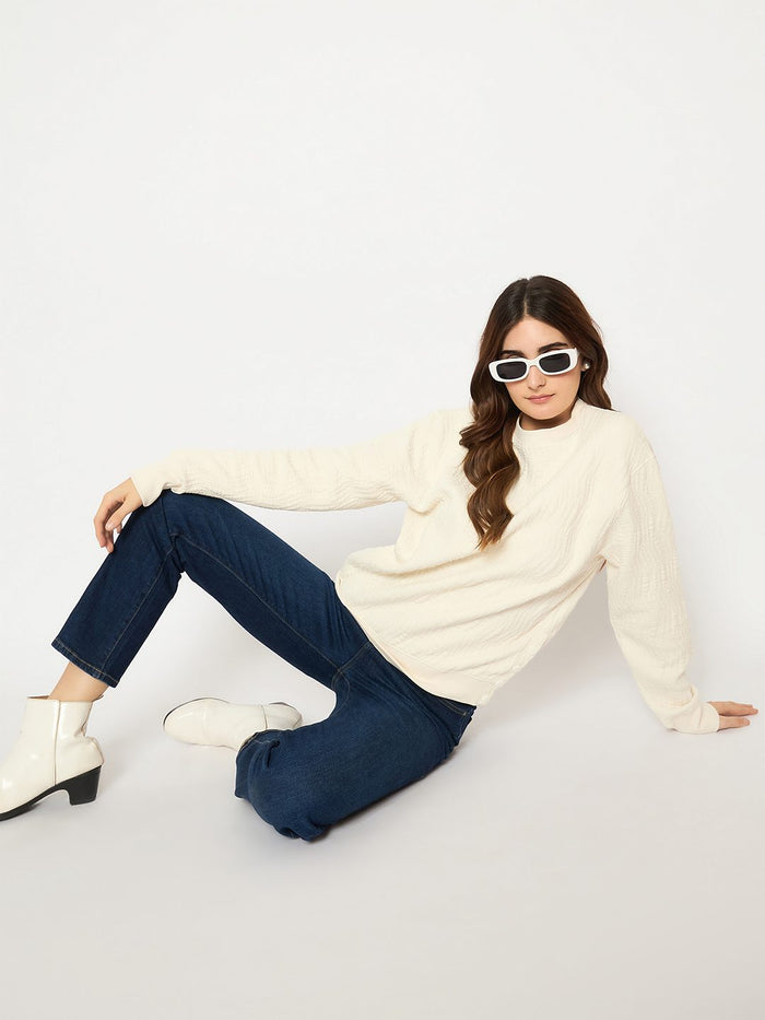 Madame Knitted Self-Textured Off White Sweatshirt