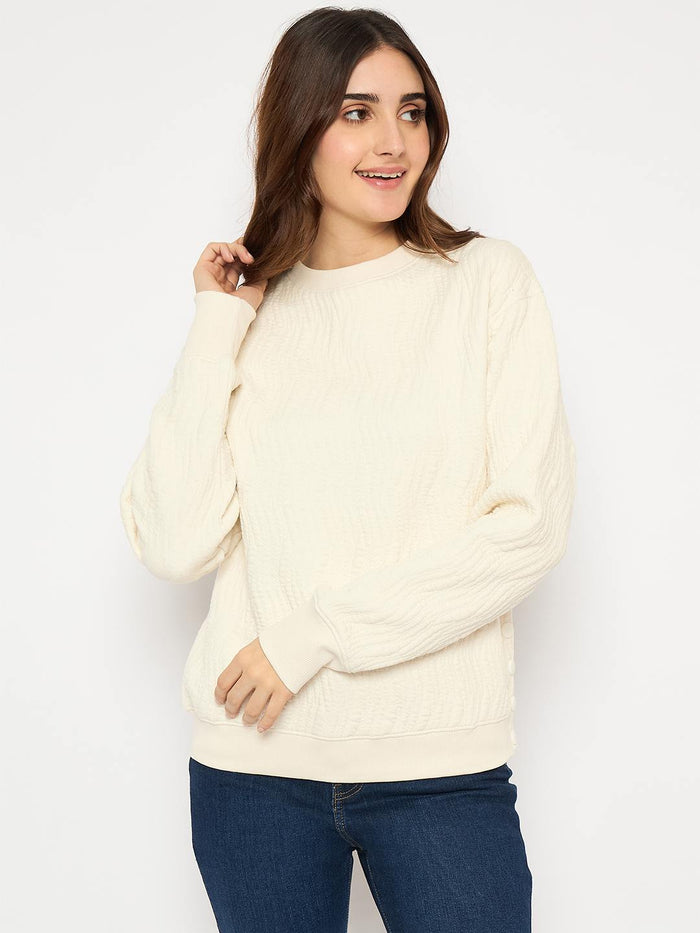 Madame Knitted Self-Textured Off White Sweatshirt