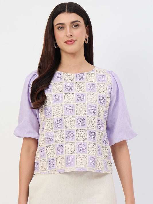 Madame Lilac Crochet Overlay Puff-Sleeve Top