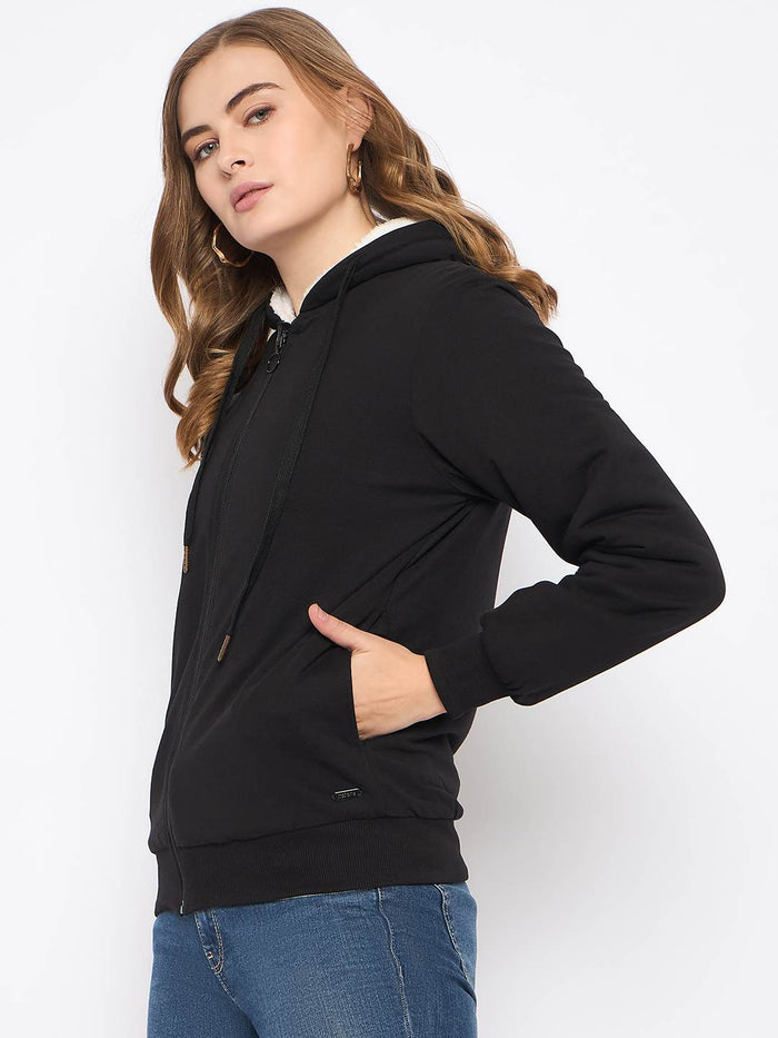 Madame Metal Detailed Zipper Black Hooded Sweatshirt