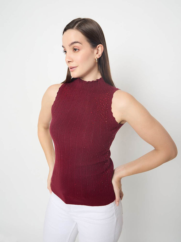 Madame Metallic Fabric Maroon Sleeveless Sweater