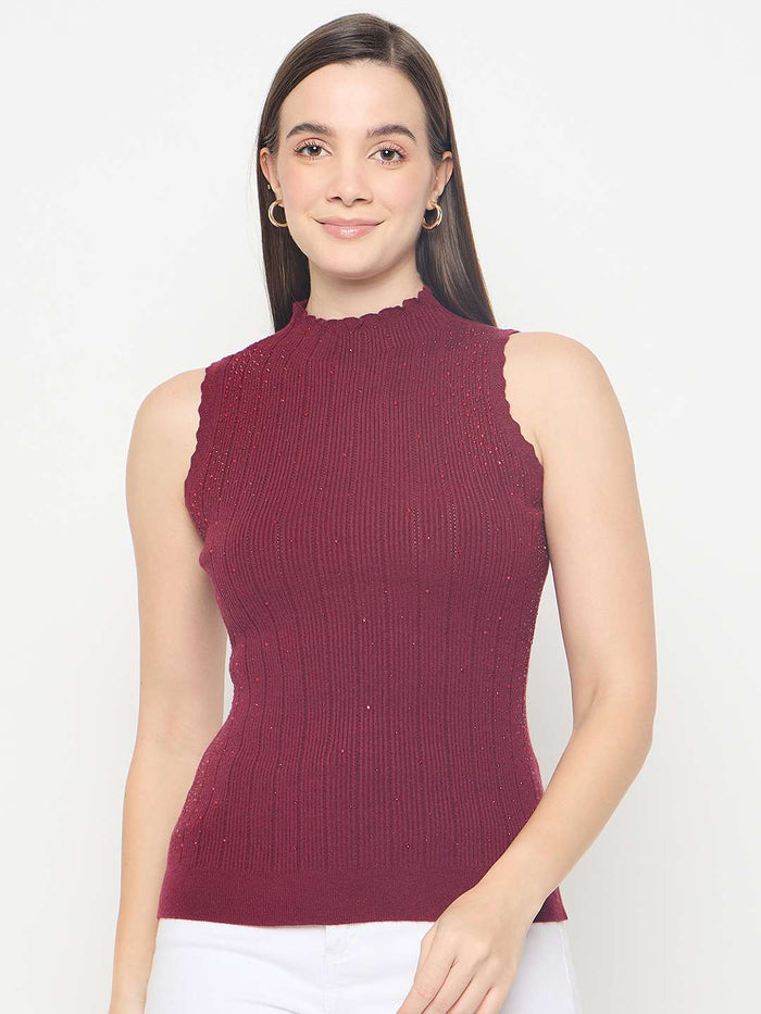 Madame Metallic Fabric Maroon Sleeveless Sweater