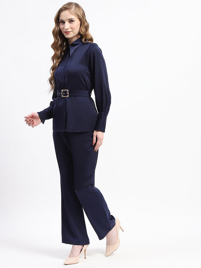 Madame Navy Belted Shirt and Wide-Leg Pants Co-ord Set