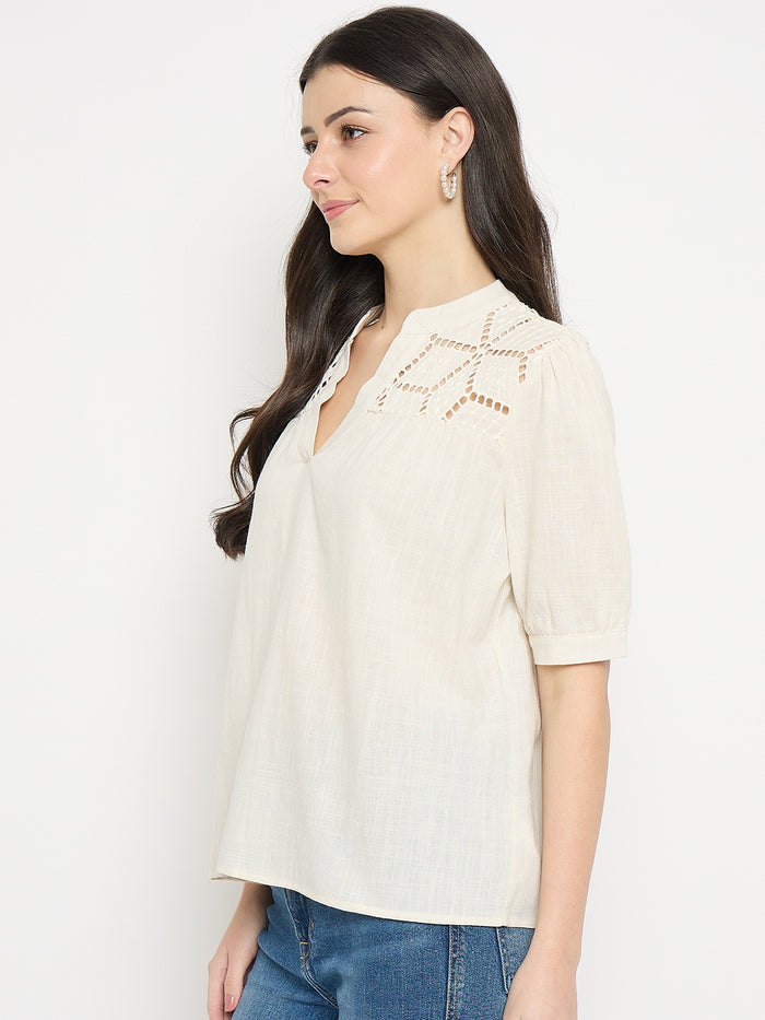 Madame Off White Cotton Schiffli Top