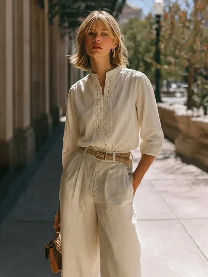 Woman in a light outfit walking outdoors on a sunny day.