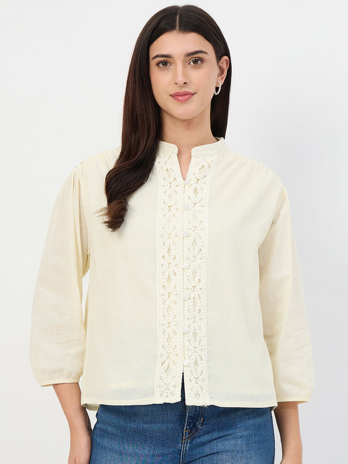 Madame Off-White Crochet-Lacework Cotton Mandarin-Collar Top