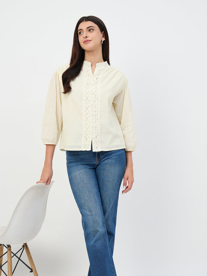 Madame Off-White Crochet-Lacework Cotton Mandarin-Collar Top