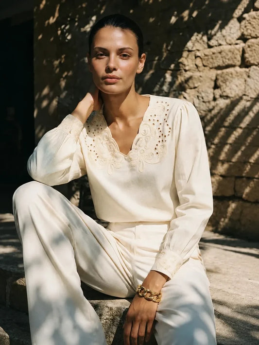 Madame Off-White Embroidered Tunic Top