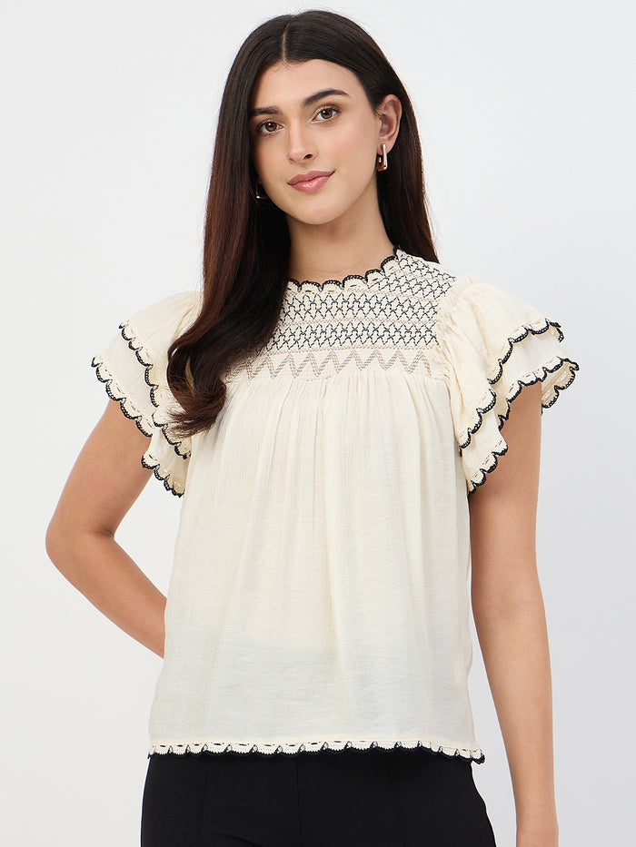 Madame Off-White Scallop-Trim Viscose Gather Top