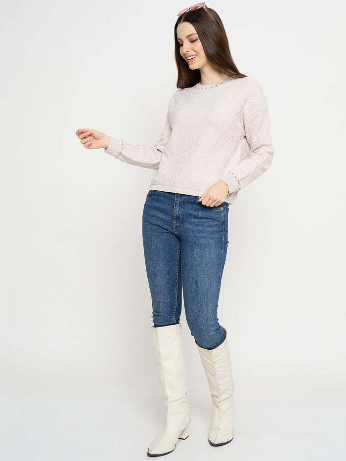 Madame Pearl Embellished Floral Embroidered Pink Sweater