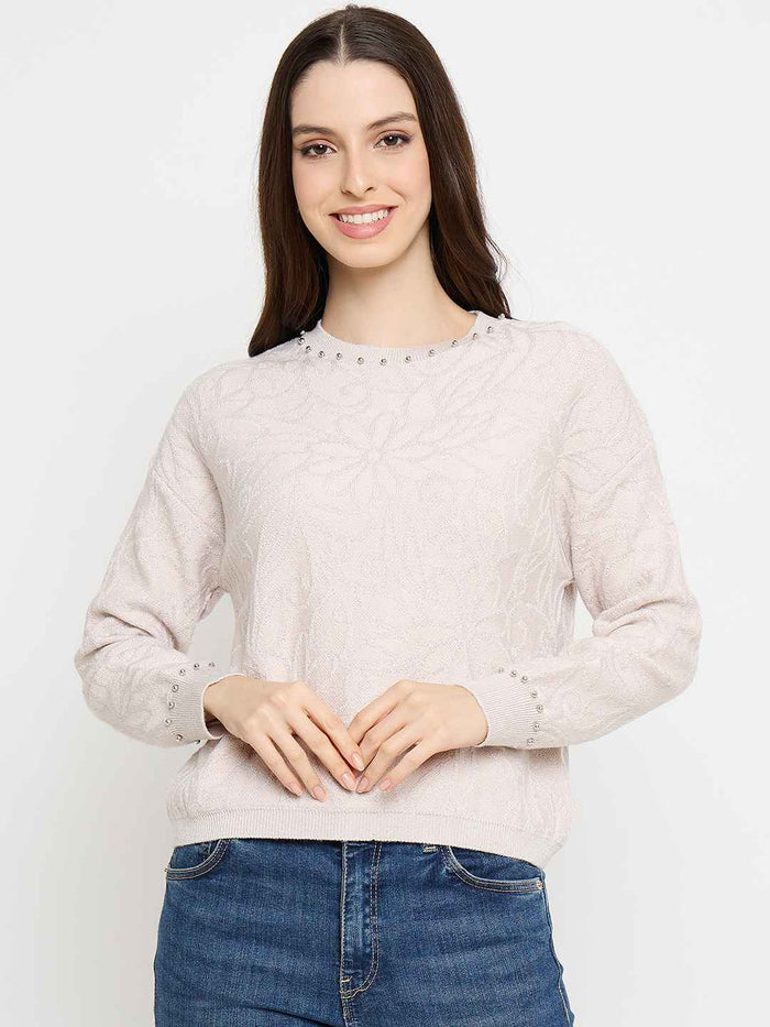 Madame Pearl Embellished Floral Embroidered Pink Sweater