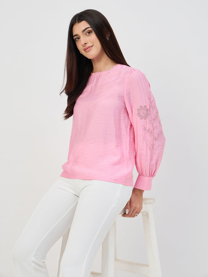 Madame Pink Embroidered Bishop-Sleeve Viscose Top
