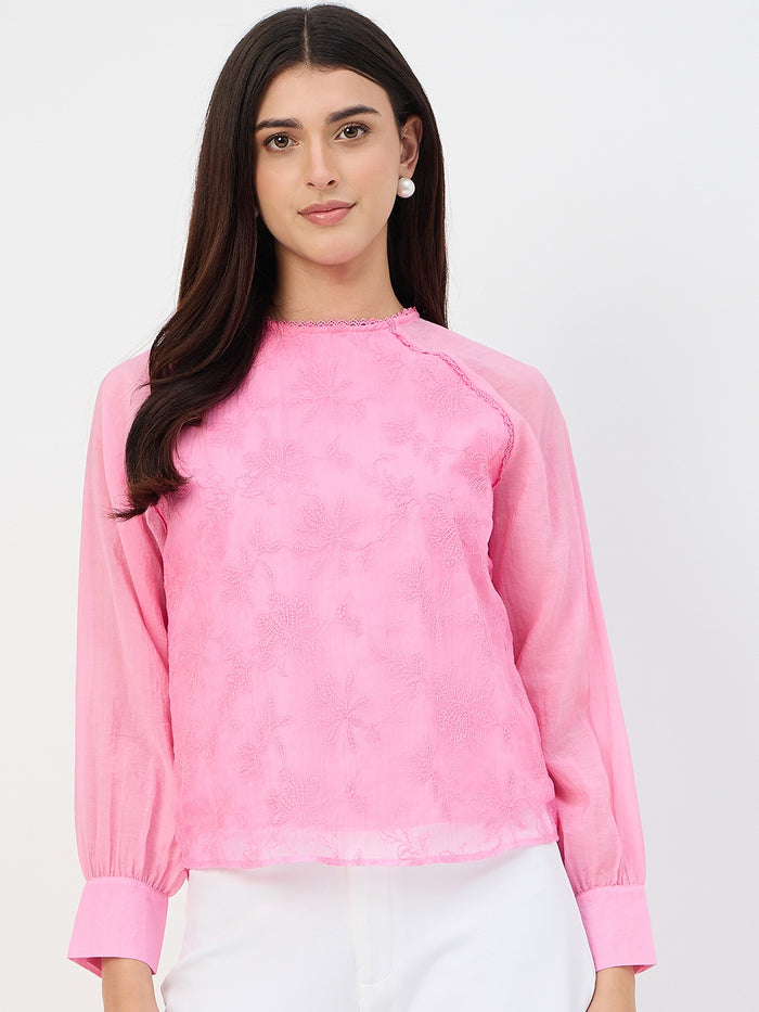 Madame Pink Embroidered Bishop-Sleeve Viscose Top