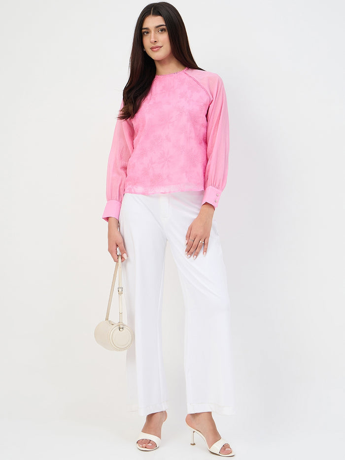 Madame Pink Embroidered Bishop-Sleeve Viscose Top