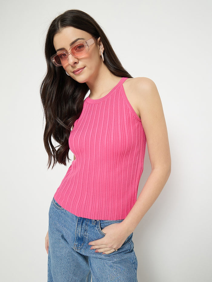 Madame Pink Halter Neck Knit Top