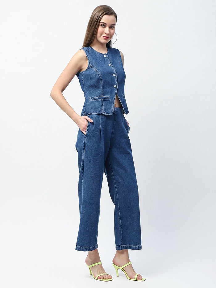 Madame Pintuck Detailed Top and Straight Trousers Mid Blue Co-ord Set