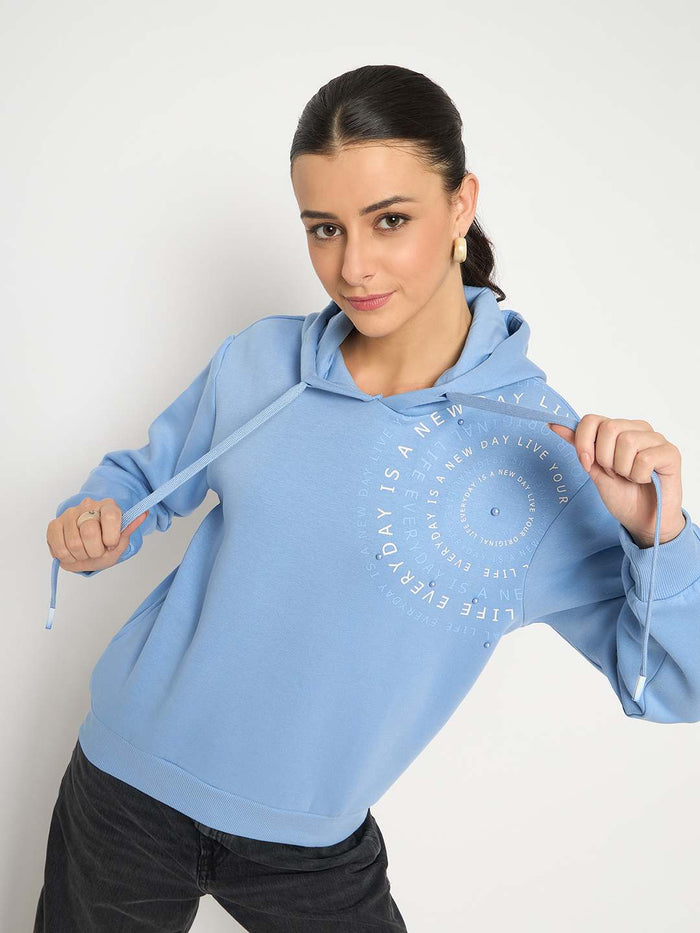 Madame Placement Printed Pearl Detailed Powder Blue Sweatshirt