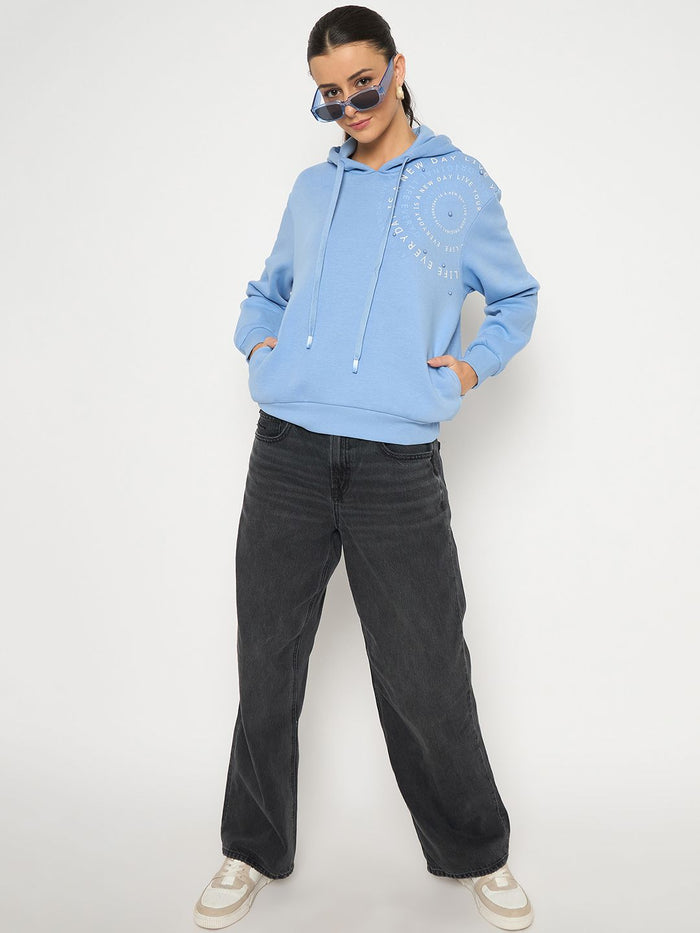 Madame Placement Printed Pearl Detailed Powder Blue Sweatshirt