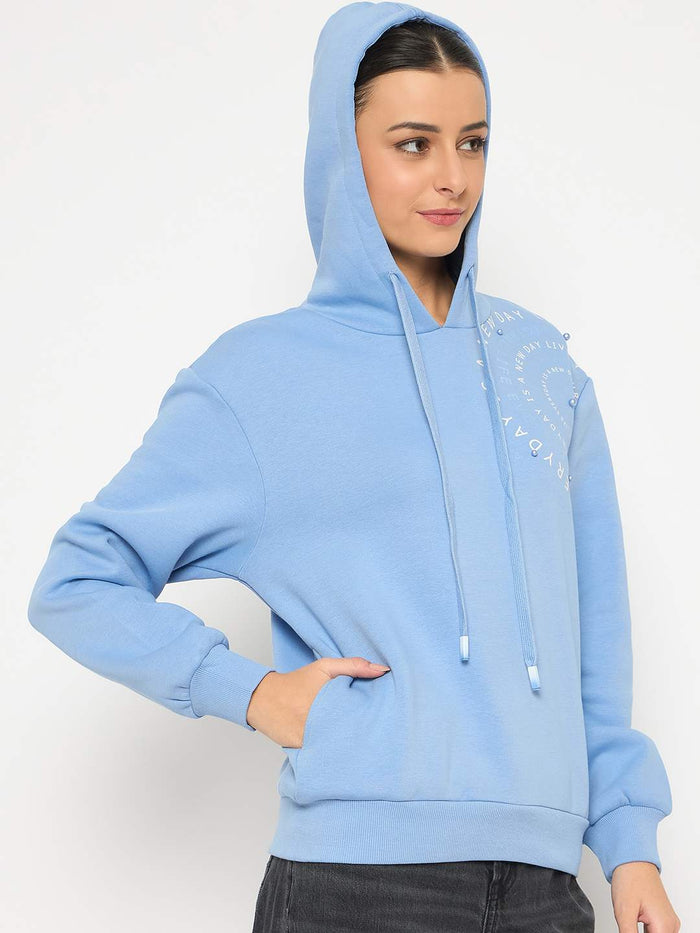 Madame Placement Printed Pearl Detailed Powder Blue Sweatshirt