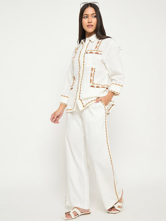 Madame Printed Shirt and Trousers White Cotton Co-ord Set