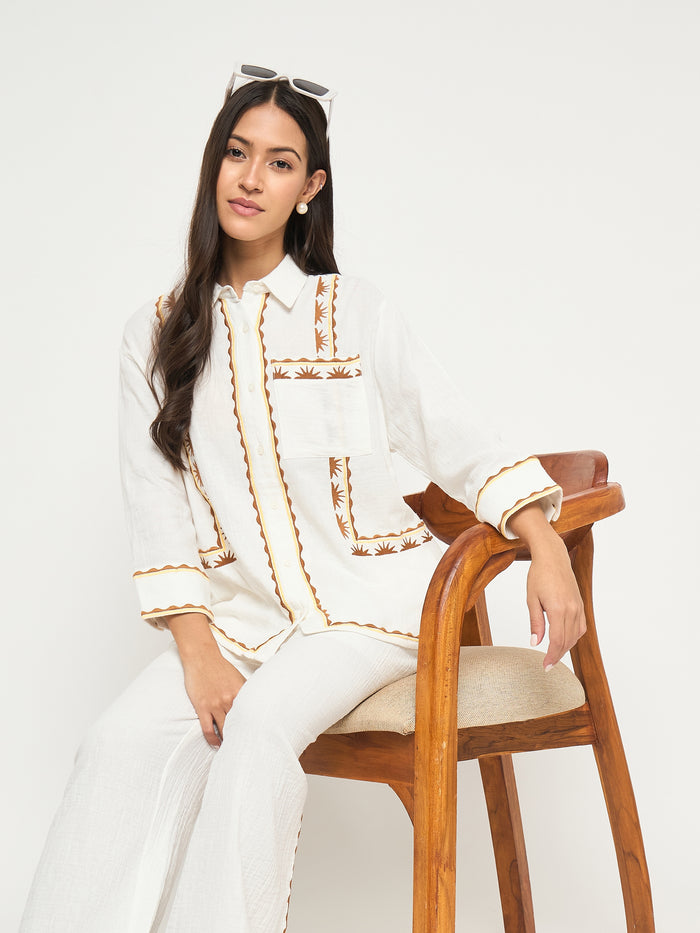 Madame Printed Shirt and Trousers White Cotton Co-ord Set
