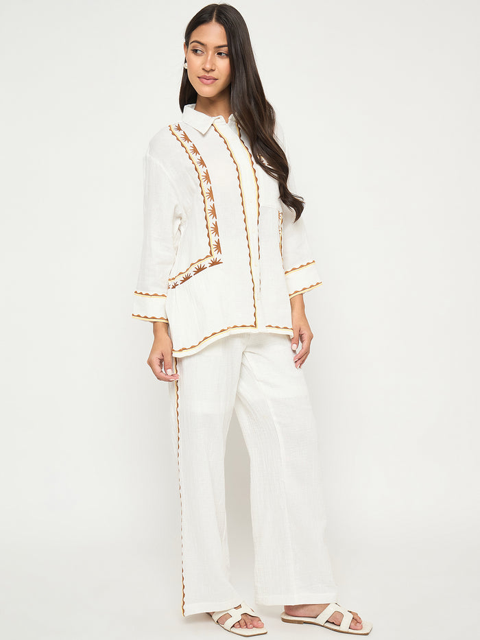 Madame Printed Shirt and Trousers White Cotton Co-ord Set