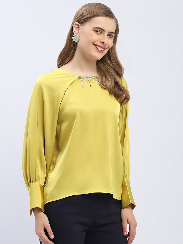 Madame Rhinestone Embellished Lime Green Raglan Style Sleeve Top