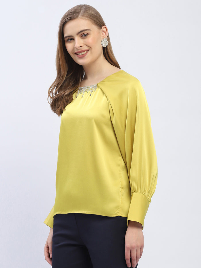 Madame Rhinestone Embellished Lime Green Raglan Style Sleeve Top