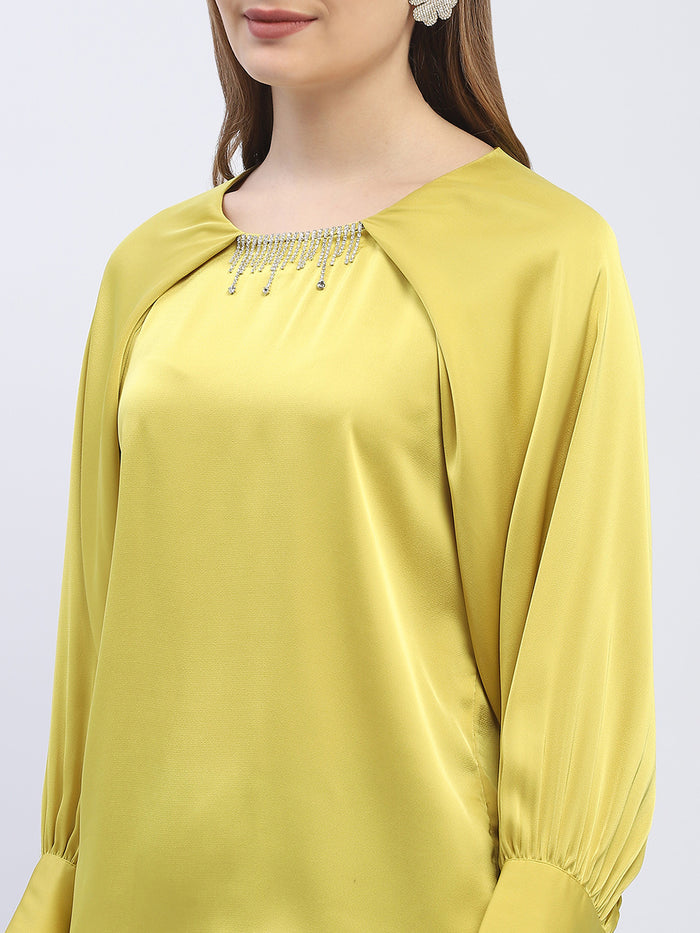 Madame Rhinestone Embellished Lime Green Raglan Style Sleeve Top