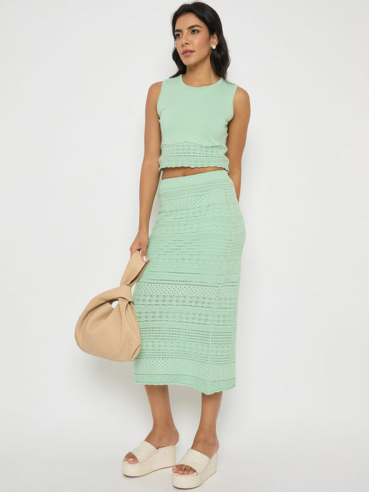 Madame Schiffli Top and Skirt Green Cotton Knit Co-ord Set