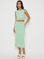 Madame Schiffli Top and Skirt Green Cotton Knit Co-ord Set