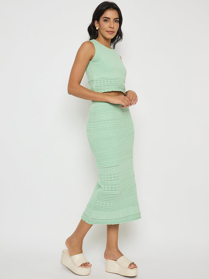 Madame Schiffli Top and Skirt Green Cotton Knit Co-ord Set