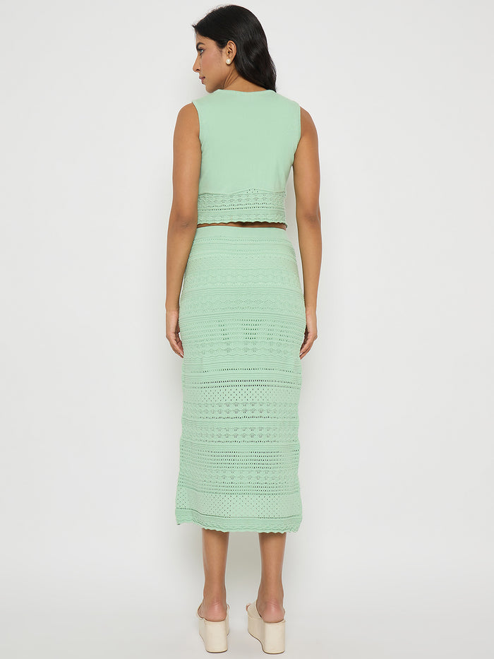 Madame Schiffli Top and Skirt Green Cotton Knit Co-ord Set