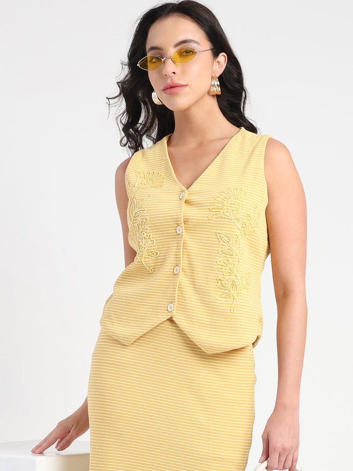 Madame Sleeveless Top and Skirt Striped Mustard Yellow Co-ord Set