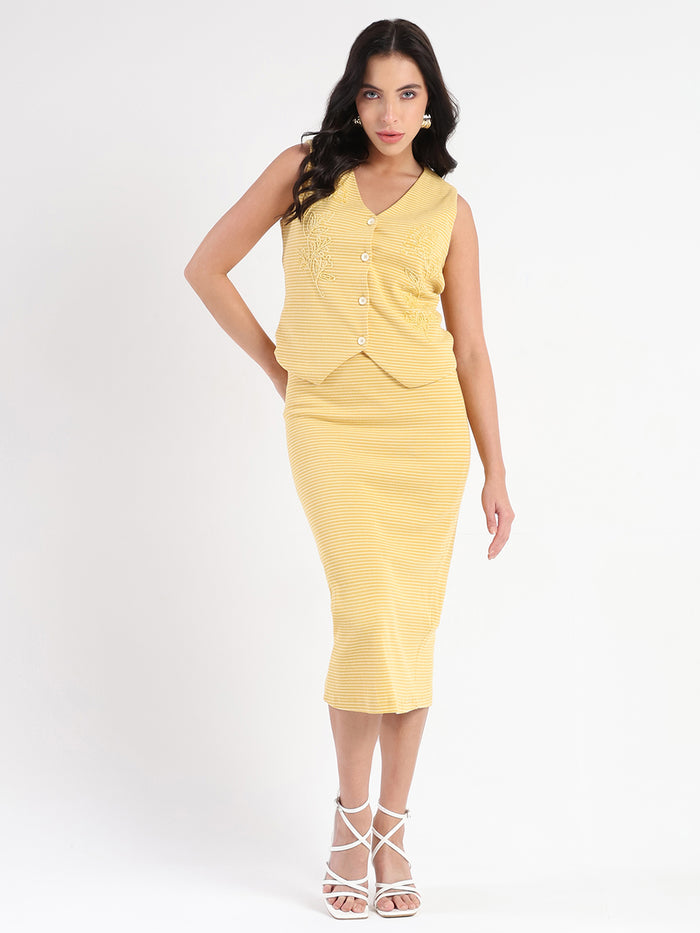 Madame Sleeveless Top and Skirt Striped Mustard Yellow Co-ord Set