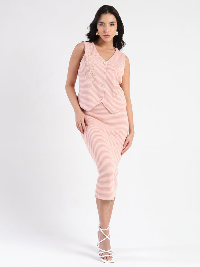 Madame Sleeveless Top and Skirt Striped Pink Co-ord Set