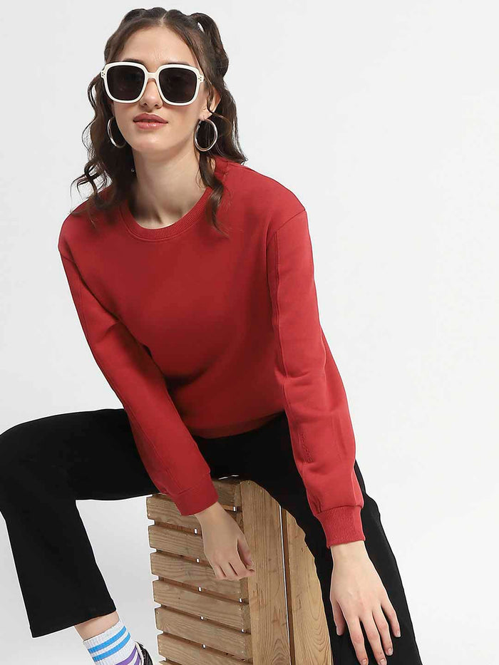Madame Solid Brick Crew Neck Cotton Sweatshirt