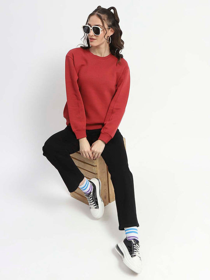 Madame Solid Brick Crew Neck Cotton Sweatshirt