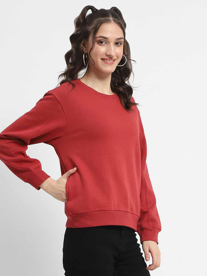 Madame Solid Brick Crew Neck Cotton Sweatshirt