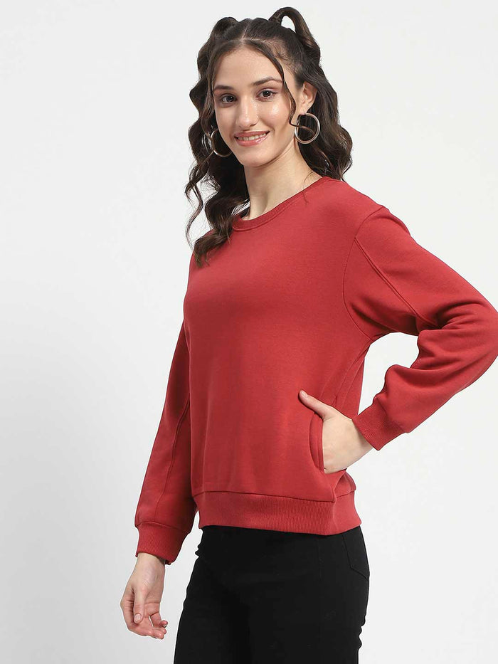 Madame Solid Brick Crew Neck Cotton Sweatshirt