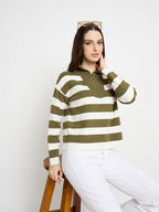Madame Striped Zip Up Olive Green Sweater