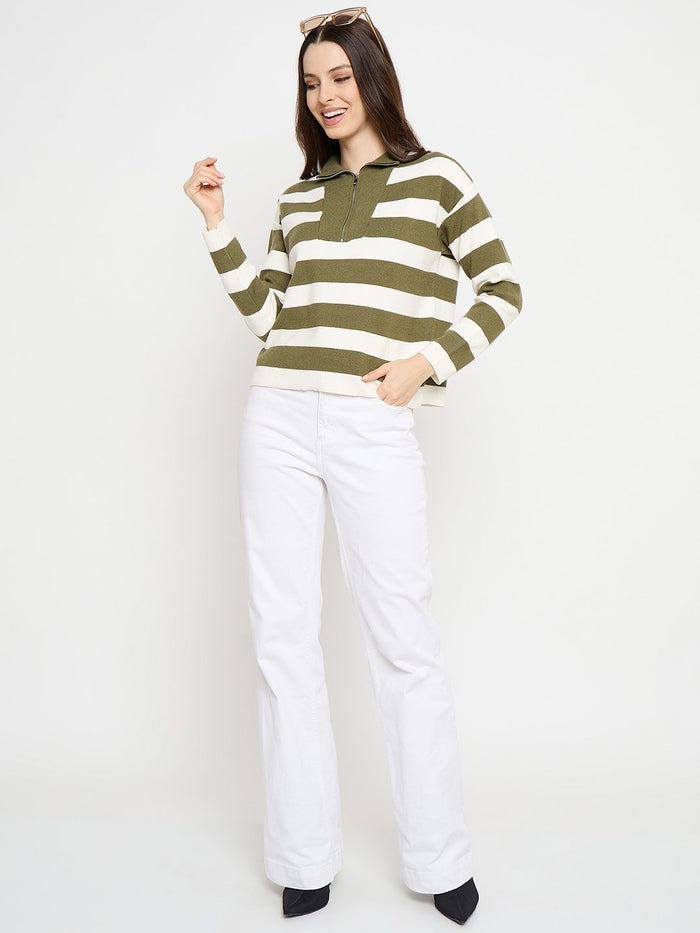 Madame Striped Zip Up Olive Green Sweater